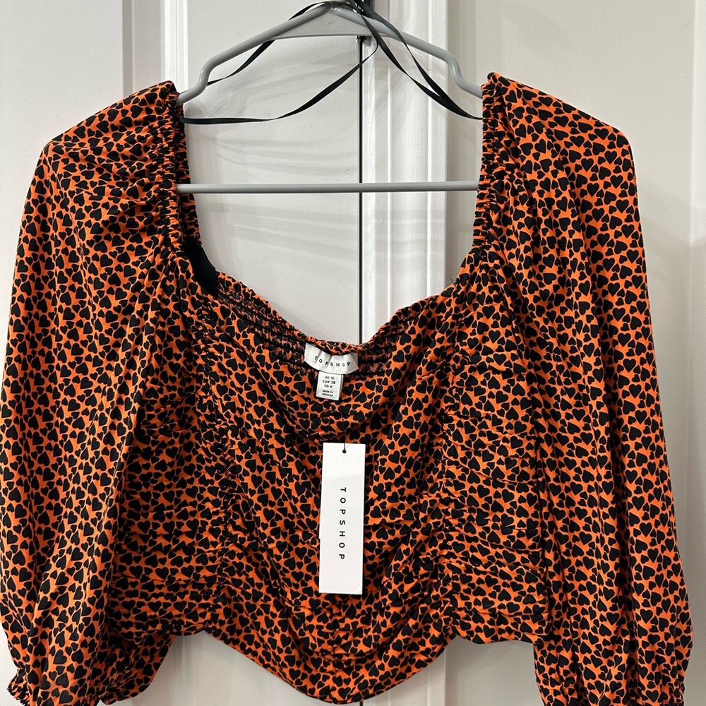 Topshop Black and Orange Ruched Fitted Blouse